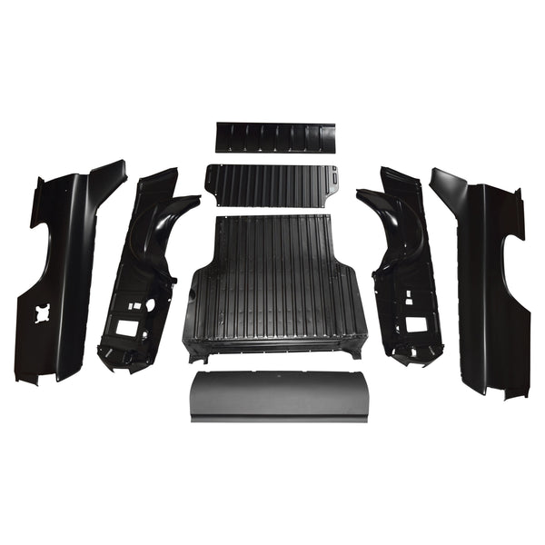 Set of black car body panels on a white background. 1968 Chevy El Camino Bed Kit.