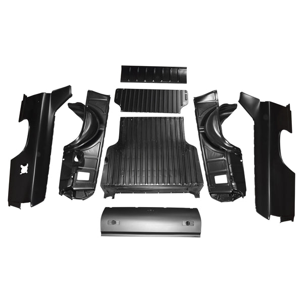 Set of black car interior panels on a white background. 1969-1972 Chevy El Camino Bed Kit.