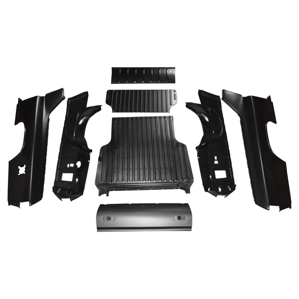 Set of black car body panels on a white background. 1969-1972 Chevy El Camino Bed Kit.