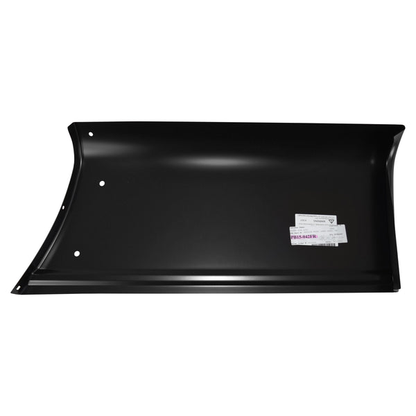 Black metal sheet with a brand label on a white background. Bedside Front Lower Panel, RH.