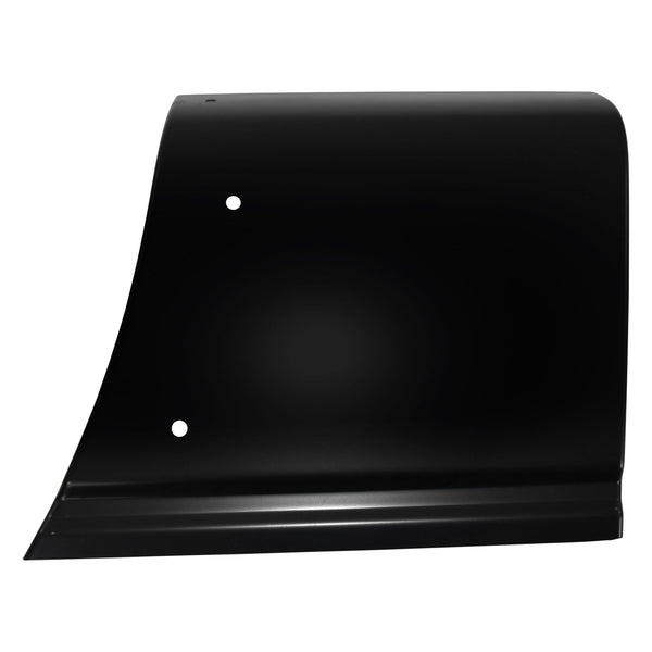 Black metal sheet with two holes on a white background. Pickup Bedside Front Lower Panel, LH, 5.5' Bed.