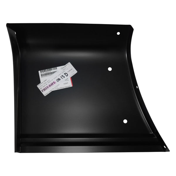 Black metal sheet with a label on a white background. Pickup Bedside Front Lower Panel, LH, 5.5' Bed