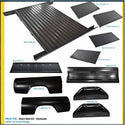 Collection of black truck bed and side panel components on a white background. F100 Short Bed 6.5 Ft Kit.