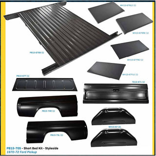 Collection of black truck bed and side panel components on a white background. F100 Short Bed 6.5 Ft Kit.