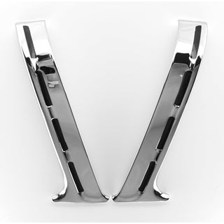 Chrome letter 'V' on a white background. 1955 Chevy Bel Air Upper Paint Divider, Pair, Stainless, With Black Inserts