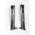 Pair of chrome car fender flares on a white background. 1955 Chevy Bel Air Upper Paint Divider, Pair, Stainless, With Black Inserts