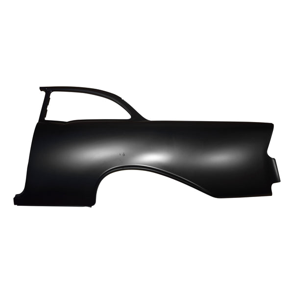 Car fender on a white background. 1956 Chevy 2 Door Sedan Quarter Panel Assembly W/O Holes LH.