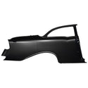 Black car door panel on a white background. 1956 Chevy 2 Door Sedan Quarter Panel Assembly W/O Holes LH.