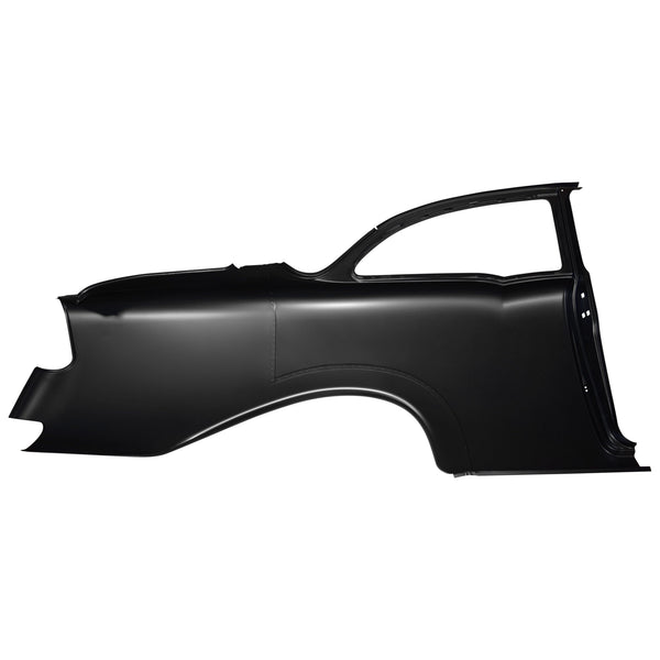 Black car door panel on a white background. 1956 Chevy 2 Door Sedan Quarter Panel Assembly W/O Holes LH.