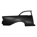 Black car door panel on a white background. 1956 Chevy 2 Door Sedan Quarter Panel Assembly W/O Holes RH