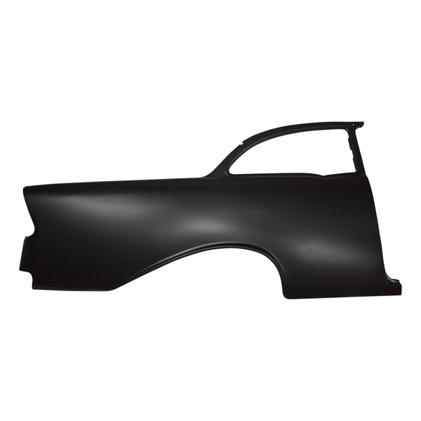 Black car door panel on a white background. 1956 Chevy 2 Door Sedan Quarter Panel Assembly W/O Holes RH