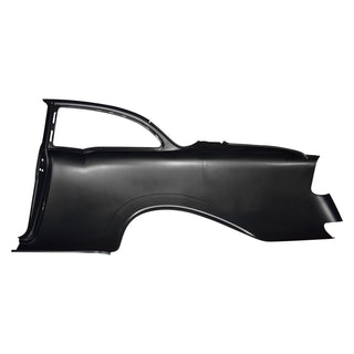 Black car door panel on a white background. 1956 Chevy 2 Door Sedan Quarter Panel Assembly W/O Holes RH.