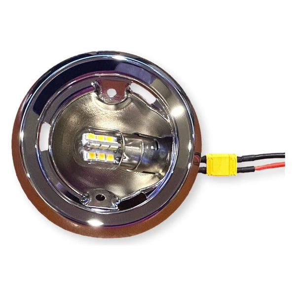 Chrome light fixture with LED bulb and wiring on a white background. 2-Door Hardtop Dome Light.