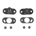Set of mechanical components including two metal plates with holes and three small black screws on a white background.  Soft & Hardtop Fastener Set 2 Pcs.