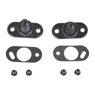 Set of mechanical components including two metal plates with holes and three small black screws on a white background.  Soft & Hardtop Fastener Set 2 Pcs.