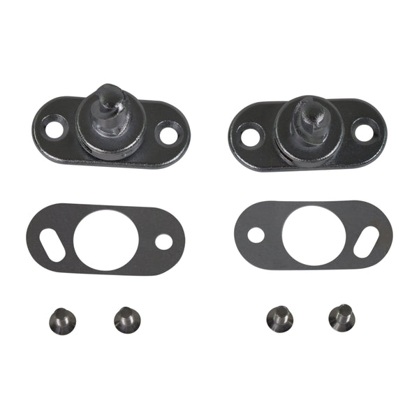 Set of mechanical components including two metal plates with holes and three small black screws on a white background.  Soft & Hardtop Fastener Set 2 Pcs.