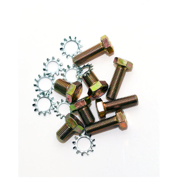 Collection of metal bolts and washers on a white background. 1955-1957 Chevy 2-Door and 4-Door Bench Seat Relocation Brackets With Grade 8 Bolts Front Bench Seats.