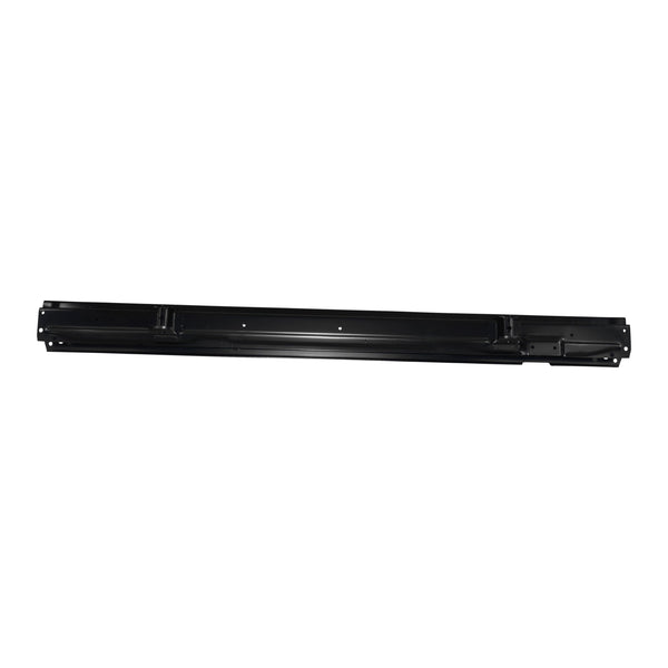 Black metal bracket on a white background. 1973-1987 Chevy C10 Pickup Stepside Cross Sill Rear.