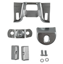 Set of metal brackets and fasteners on a white background. 1955-1957 Chevy Trunk Lid Alignment Kit