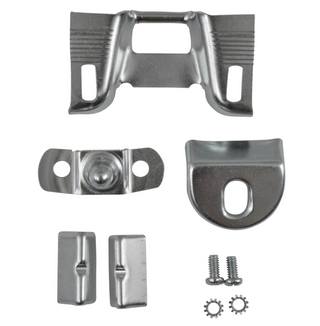 Set of metal brackets and fasteners on a white background. 1955-1957 Chevy Trunk Lid Alignment Kit
