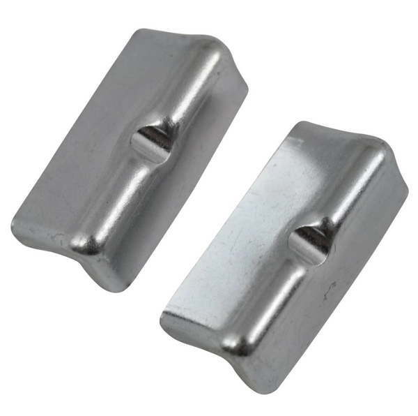 Two metallic rectangular objects on a white background. 1955-1957 Chevy Trunk Lid Alignment Kit.