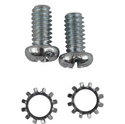 Two metal screws with star washers on a white background. 1955-1957 Chevy Trunk Lid Alignment Kit.