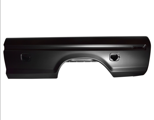 Black car door panel on a white background. 1973-1979 Ford Pickup Bedside Assembly 8 ft w/Dual Hole LH.