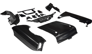 Set of black car body panels on a white background. Chevy Bel Air 6 Cylinder Front End Sheet Metal Kit.