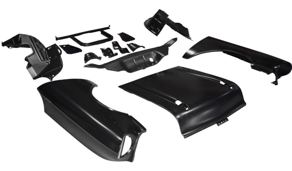 Set of black car body panels on a white background. Chevy Bel Air 6 Cylinder Front End Sheet Metal Kit.