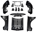 Set of black car body panels and components on a white background. Chevy Bel Air 6 Cylinder Front End Sheet Metal Kit.