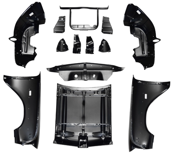 Set of black car body panels and components on a white background. Chevy Bel Air 6 Cylinder Front End Sheet Metal Kit.