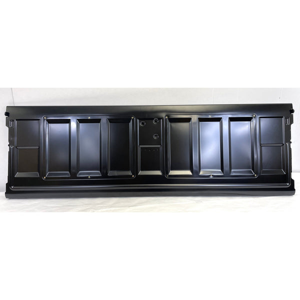 Black metal panel with cutouts on a white background. Tailgate Fleetside With Access Panel For Tailgate Handle.