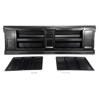 Black car interior panel with two additional panels on a white background. Tailgate Fleetside With Access Panel For Tailgate Handle.