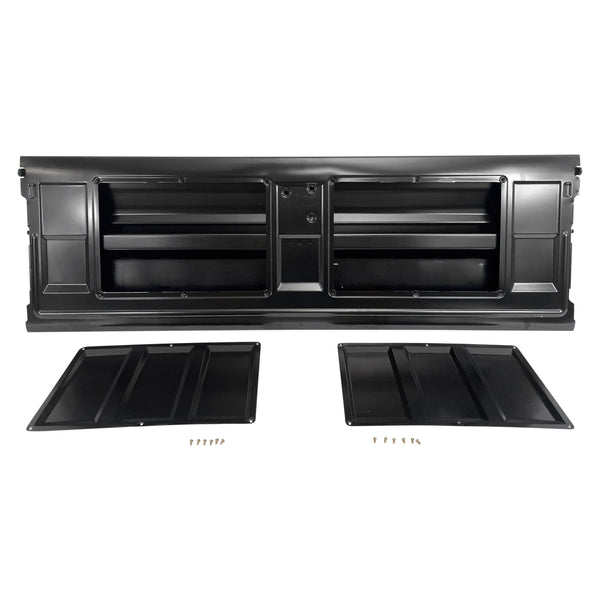 Black car interior panel with two additional panels on a white background. Tailgate Fleetside With Access Panel For Tailgate Handle.