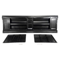 Black car interior panel with two additional panels on a white background. Tailgate Bowtie Chevrolet Logo Fleetside With Access Panel For Tailgate Handle.