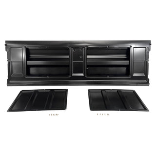 Black car interior panel with two additional panels on a white background. Tailgate Bowtie Chevrolet Logo Fleetside With Access Panel For Tailgate Handle.