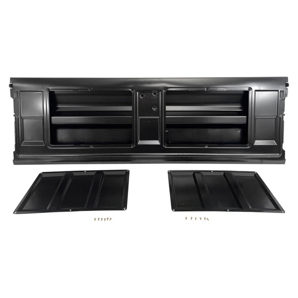 Black car interior panel with two additional panels on a white background. Tailgate Bowtie Chevrolet Logo Fleetside With Access Panel For Tailgate Handle.