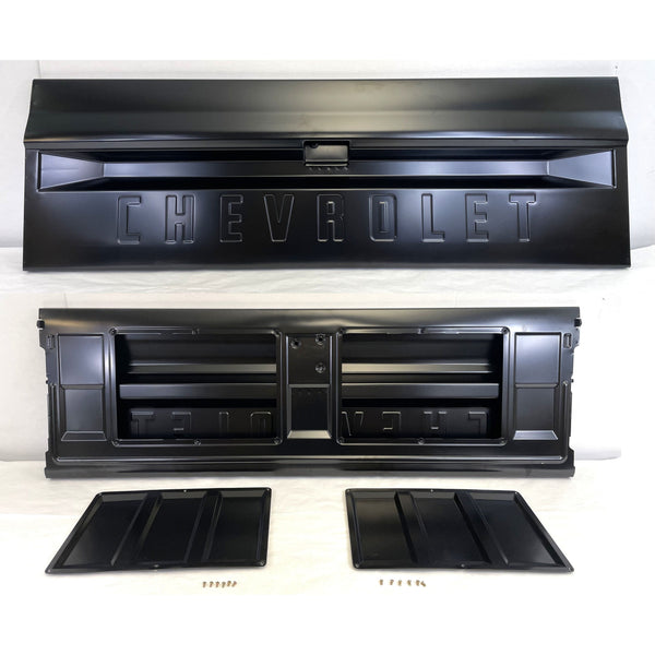 Black Chevrolet tailgate with additional components on a white background. 1967-1972 Chevy C10 Pickup Tailgate Chevrolet Fleetside With Access Panel For Tailgate Handle.