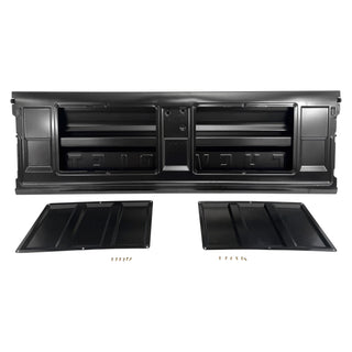 Black car interior panel with two additional panels on a white background. 1967-1972 Chevy C10 Pickup Tailgate Chevrolet Fleetside With Access Panel For Tailgate Handle.