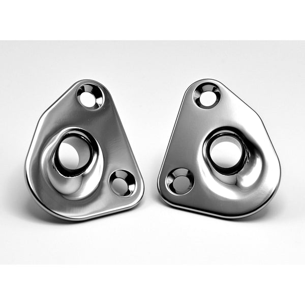 Two metallic triangular components on a white background. 1955-1957 Chevy Nomad Tailgate Cable Guides