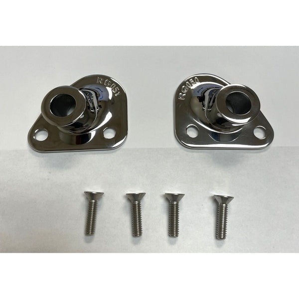 Two metal brackets with screws on a white background. 1955-1957 Chevy Nomad Tailgate Cable Guides