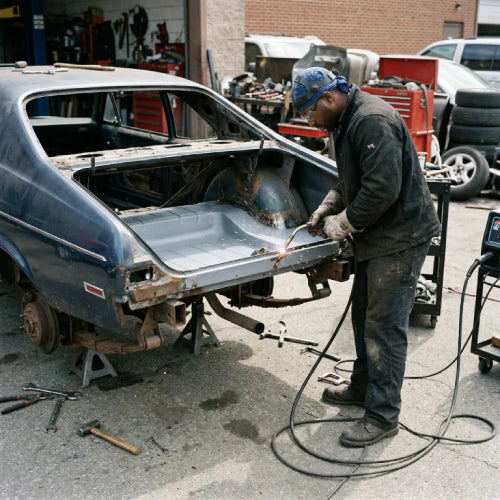 Technician installing trunk pan rust repair panel on classic car