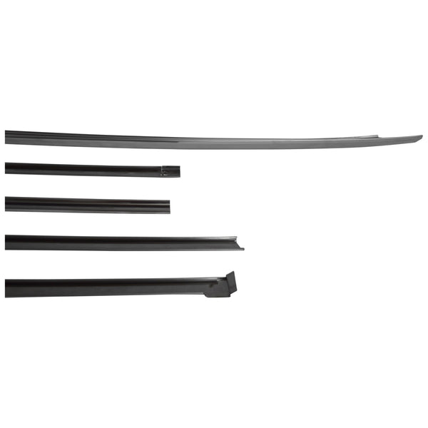 Set of black car wiper blades on a white background. Rear Window Molding Set.