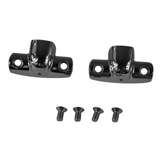 Two chrome cleats with screws on a white background. Soft & Hardtop Cylinder Holder Set.