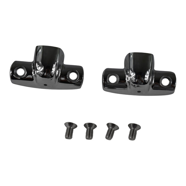 Two chrome cleats with screws on a white background. Soft & Hardtop Cylinder Holder Set.