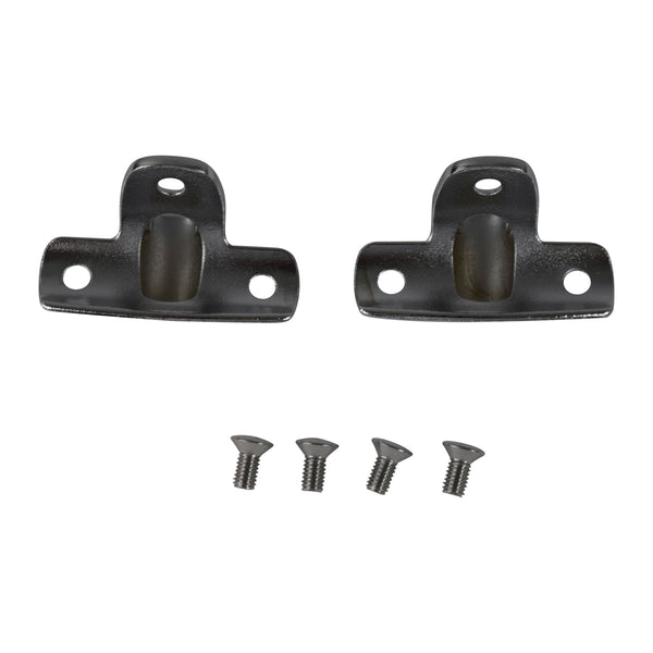 Two black metal brackets with screws on a white background. Soft & Hardtop Cylinder Holder Set.