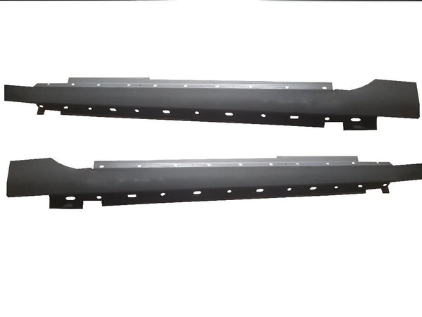 Two black metal side steps on a white background. 2011-2017 Buick Regal 4dr Outer Rocker Panel Pair.