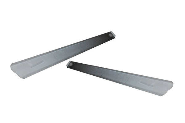 Two metallic flat objects on a white background. Inner Rockers. 1955-1957 Chevy 210 Inner Rocker Panel Pair