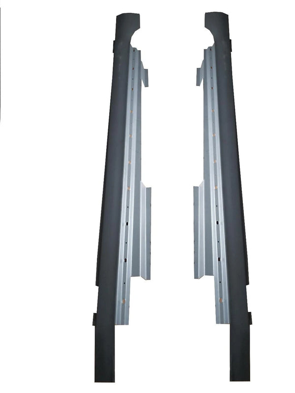 Two black metal side steps on a white background. 2011-2017 Buick Regal 4dr Outer Rocker Panel Pair.