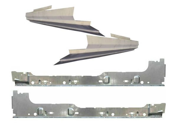 Metal car panel pieces on a white background. 2009-2014 Ford F-150 Super/Ext Cab Inner & Outer Rocker Panels Kit.